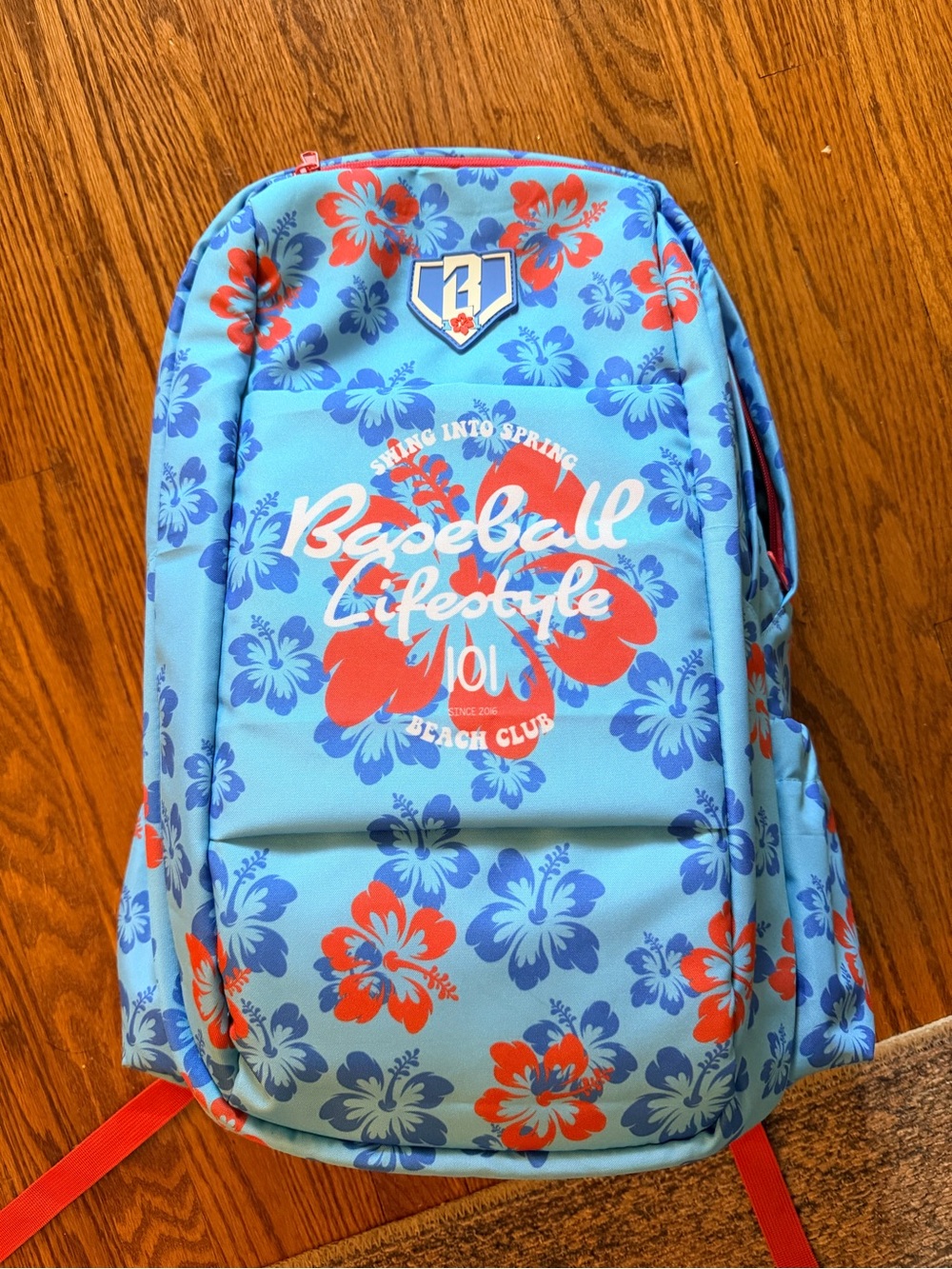 Baseball Lifestyle Kids Floral Backpack - Light Blue with Red & Blue Flowers